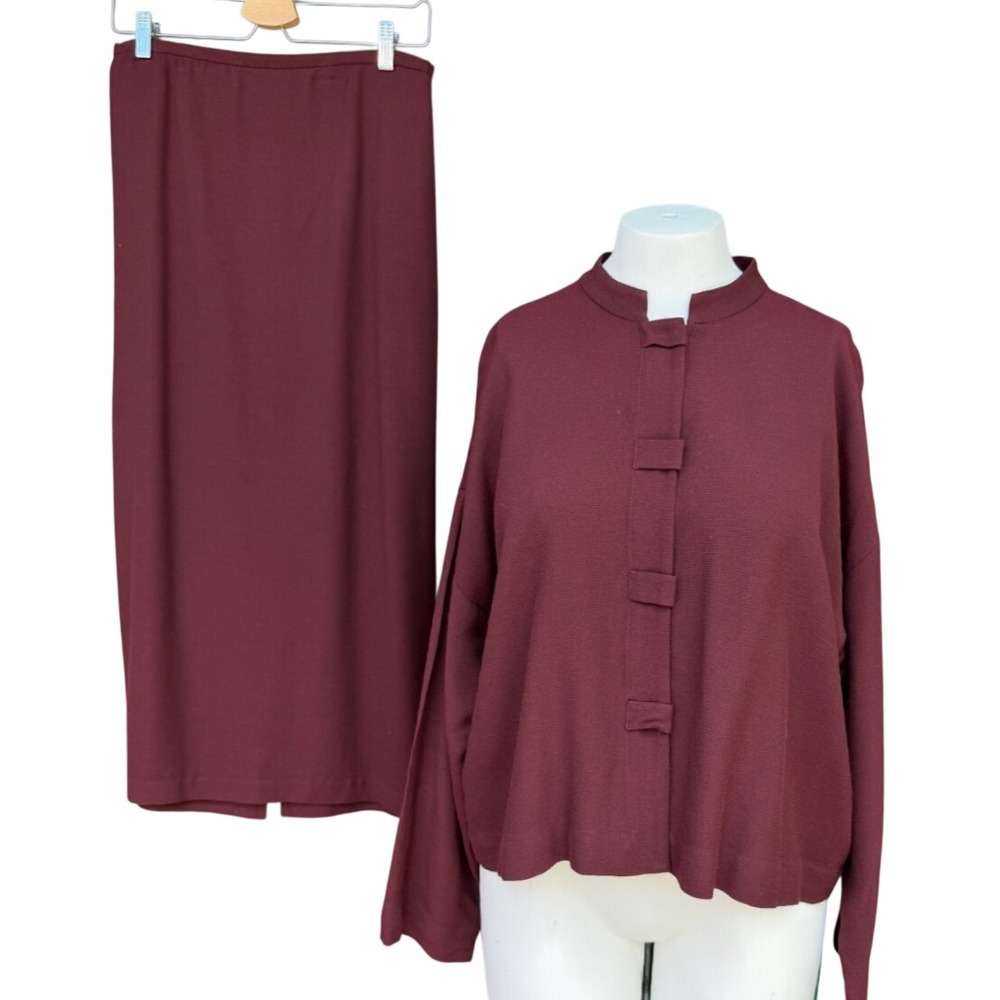 Eileen Fisher 2 Piece Skirt Jacket Set Plum Viscose Wool Womens Medium Petite PM